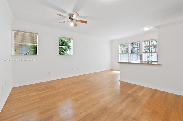 spare room featuring light hardwood / wood-style floors, ornamental molding, and plenty of natural light