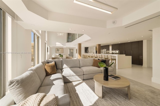 55 Merrick Way Unit 808, Coral Gables, FL 33134 - living area with a tray ceiling and recessed lighting