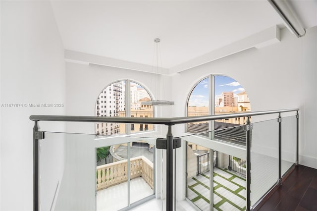 55 Merrick Way Unit 808, Coral Gables, FL 33134 - corridor with a view of city and wood finished floors