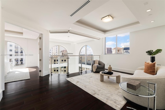 living room featuring wood-type flooring and a tray ceiling