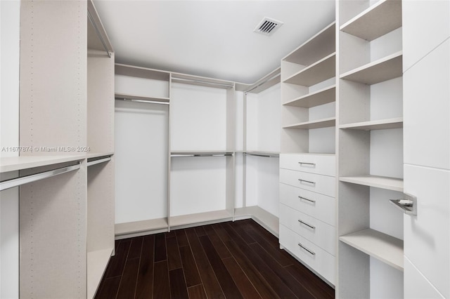 walk in closet with dark hardwood / wood-style floors