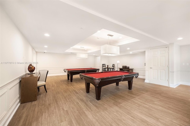 55 Merrick Way Unit 808, Coral Gables, FL 33134 - rec room with a decorative wall, a tray ceiling, pool table, light wood-style floors, and recessed lighting