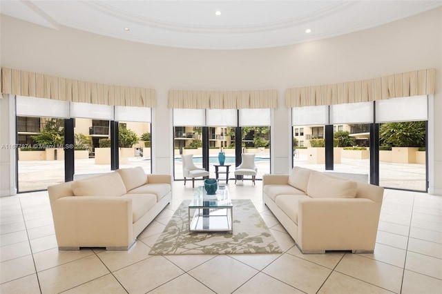 55 Merrick Way Unit 808, Coral Gables, FL 33134 - tiled living room with crown molding, recessed lighting, and a towering ceiling