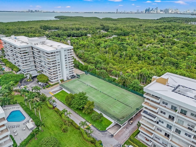 bird's eye view with a water view