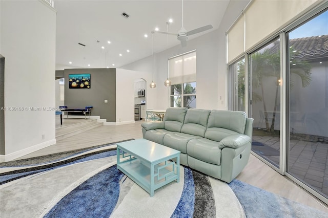 living room featuring ceiling fan and wood-type flooring