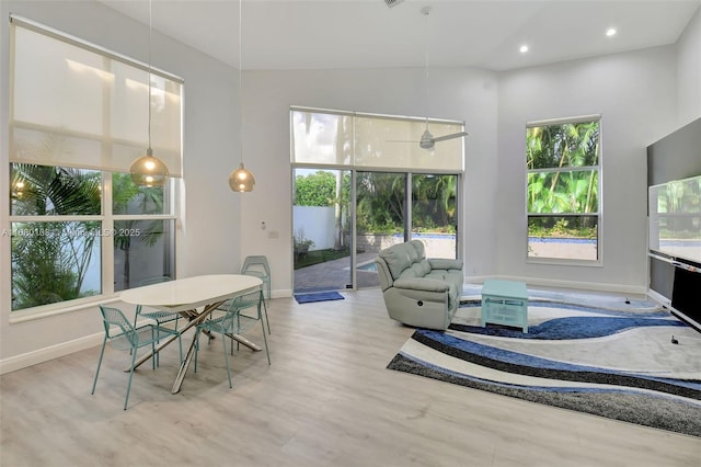 living room featuring ceiling fan and light hardwood / wood-style flooring