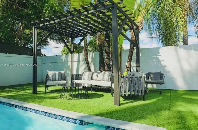 exterior space with a pergola, a yard, and an outdoor hangout area