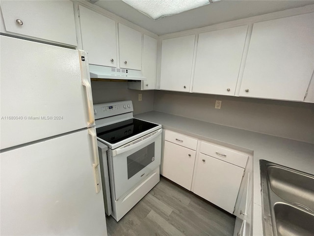 kitchen featuring white cabinetry, white appliances, sink, and light wood-type flooring