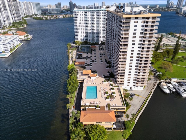 aerial view featuring a water view