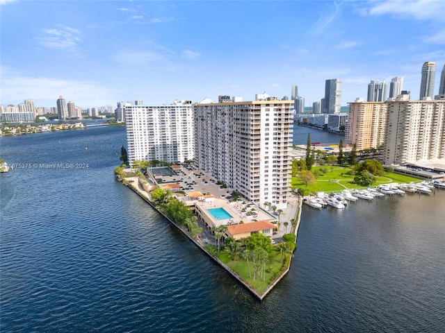 aerial view featuring a water view