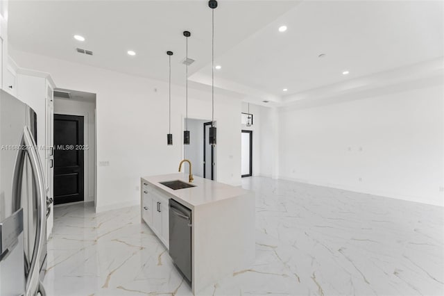 kitchen featuring black dishwasher, sink, white cabinets, hanging light fixtures, and stainless steel fridge with ice dispenser