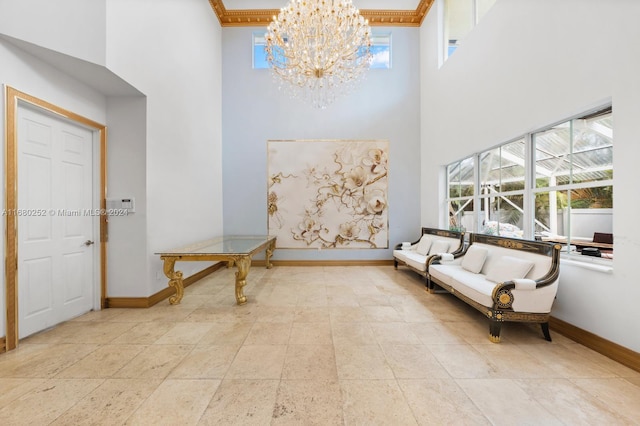 entrance foyer with an inviting chandelier and a high ceiling