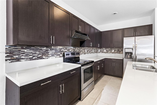 kitchen featuring light tile patterned flooring, decorative backsplash, stainless steel appliances, and sink