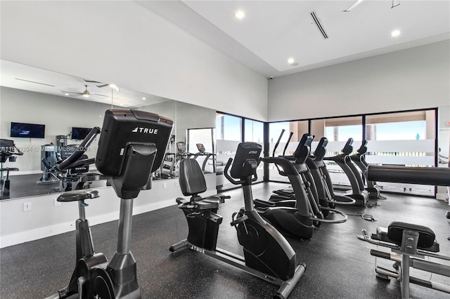 workout area featuring a wealth of natural light and ceiling fan