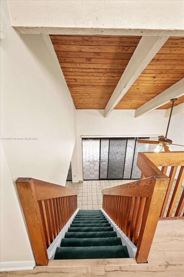 staircase with beamed ceiling and wood ceiling