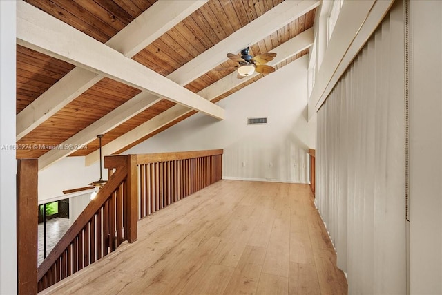 bonus room featuring beamed ceiling, ceiling fan, light hardwood / wood-style floors, and wood ceiling