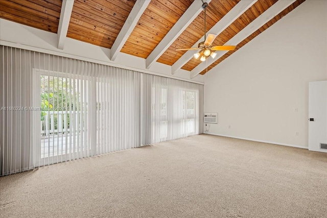 empty room featuring beam ceiling, ceiling fan, wooden ceiling, high vaulted ceiling, and carpet