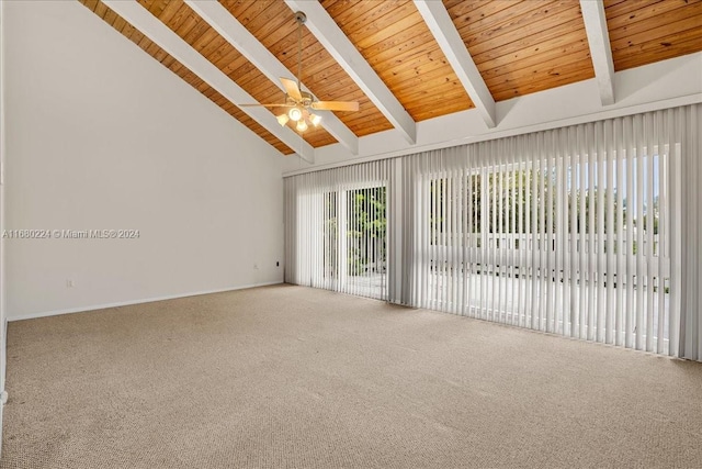 interior space with beamed ceiling, carpet floors, high vaulted ceiling, and wood ceiling