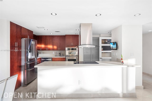 kitchen with island exhaust hood, appliances with stainless steel finishes, kitchen peninsula, and sink