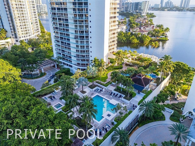 drone / aerial view featuring a water view