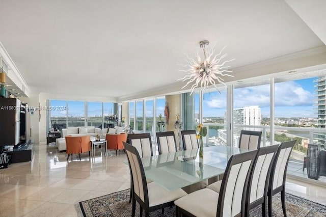 tiled dining space featuring a notable chandelier, a healthy amount of sunlight, and crown molding