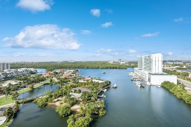 birds eye view of property featuring a water view