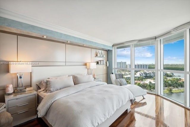 bedroom featuring dark wood-type flooring, multiple windows, and floor to ceiling windows