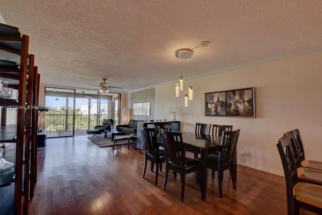 dining room featuring hardwood / wood-style floors, crown molding, ceiling fan, floor to ceiling windows, and a textured ceiling