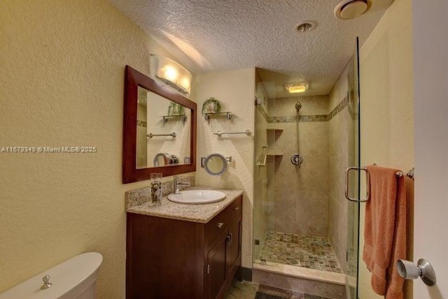 bathroom with vanity, a textured ceiling, toilet, and walk in shower