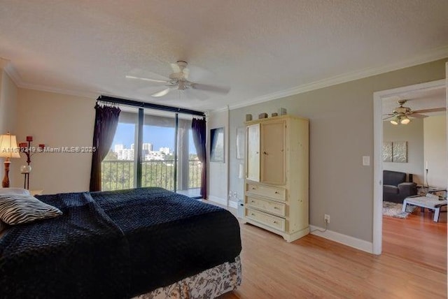 bedroom with crown molding, ceiling fan, a textured ceiling, and light wood-type flooring