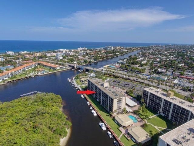 bird's eye view with a water view