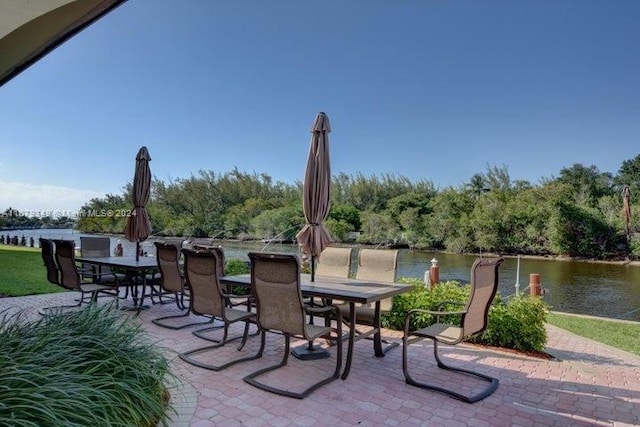 view of patio / terrace featuring a water view