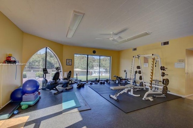 gym featuring ceiling fan