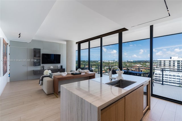 kitchen featuring an island with sink, sink, light wood-type flooring, light stone counters, and floor to ceiling windows