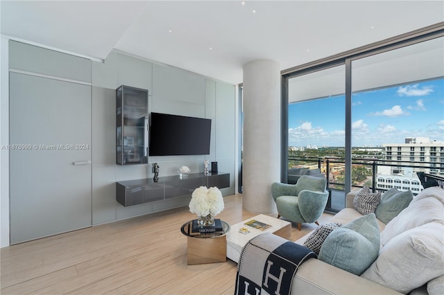 living room with light hardwood / wood-style floors and floor to ceiling windows