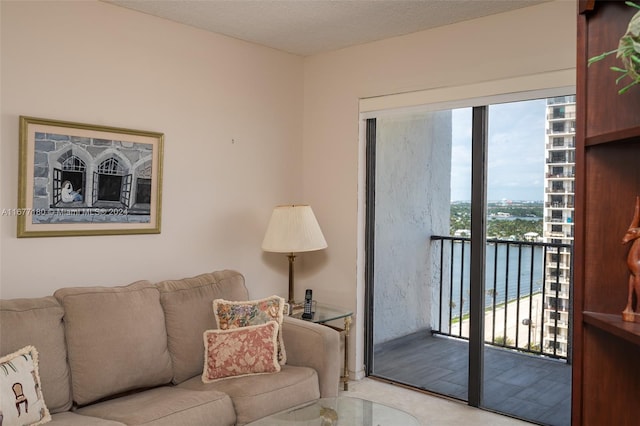 living room featuring a textured ceiling, light carpet, and a water view