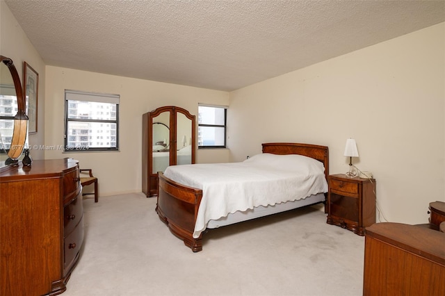 carpeted bedroom with multiple windows and a textured ceiling