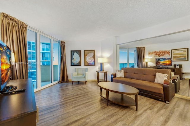 living room featuring expansive windows, light wood finished floors, a textured ceiling, and baseboards