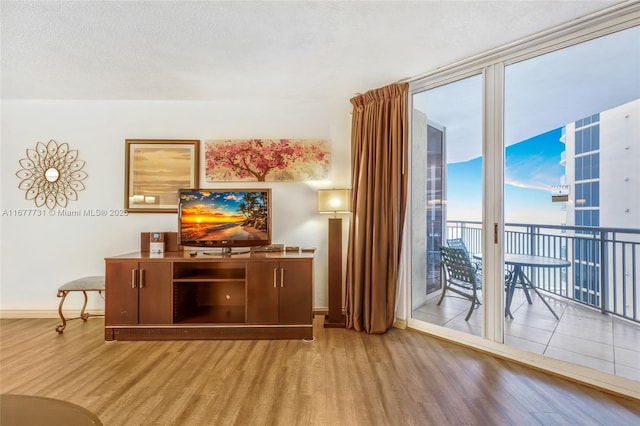 interior space with expansive windows, a textured ceiling, baseboards, and wood finished floors