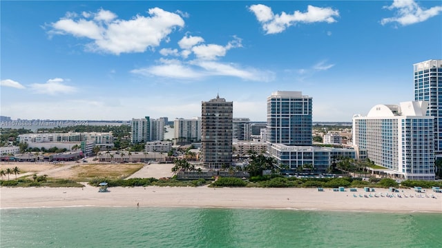 aerial view featuring a water view and a view of the beach