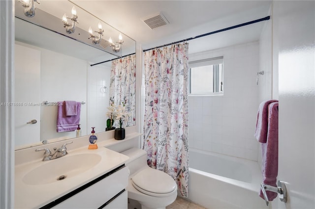 full bathroom with vanity, toilet, and shower / bathtub combination with curtain