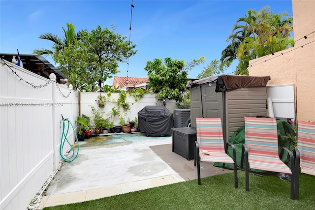 view of patio / terrace featuring a storage shed