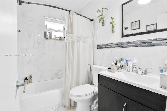 full bathroom featuring tile walls, vanity, shower / bath combination with curtain, and toilet