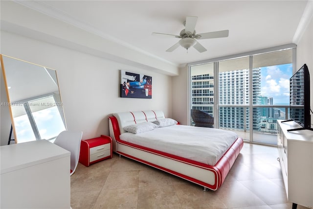 bedroom with access to outside, multiple windows, crown molding, and ceiling fan