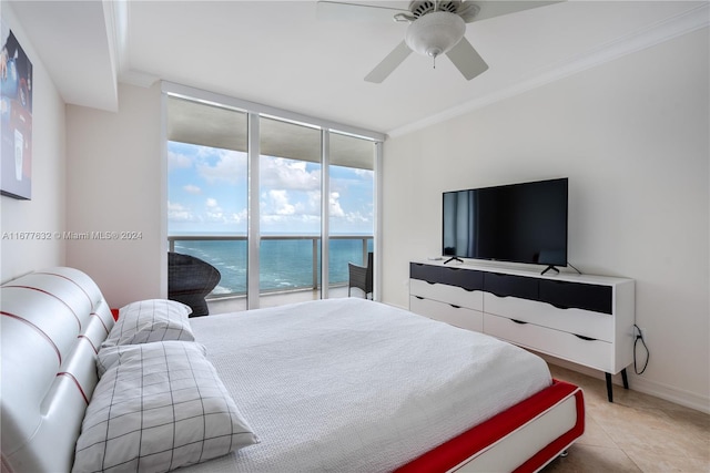 tiled bedroom featuring floor to ceiling windows, ornamental molding, access to exterior, and ceiling fan