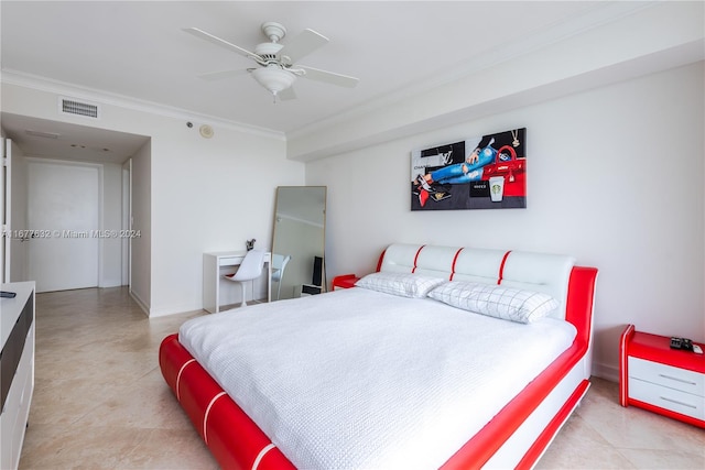 bedroom with ceiling fan and ornamental molding