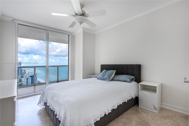 tiled bedroom with a water view, ceiling fan, crown molding, and floor to ceiling windows