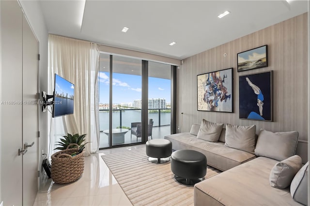 tiled living room with expansive windows