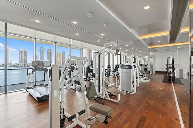 workout area with floor to ceiling windows, hardwood / wood-style floors, and a water view