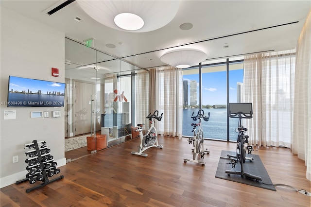 workout area featuring hardwood / wood-style floors, a water view, and expansive windows